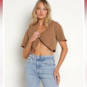 Joah Brown Twist Tee Cotton Cut Off Top Size Small
